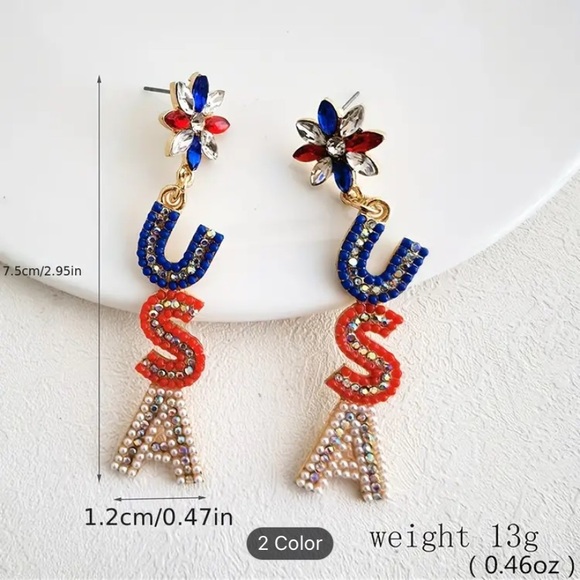 USA 4th of July patriotic earrings blue red white zircon rice beads flower NWT - Picture 2 of 4